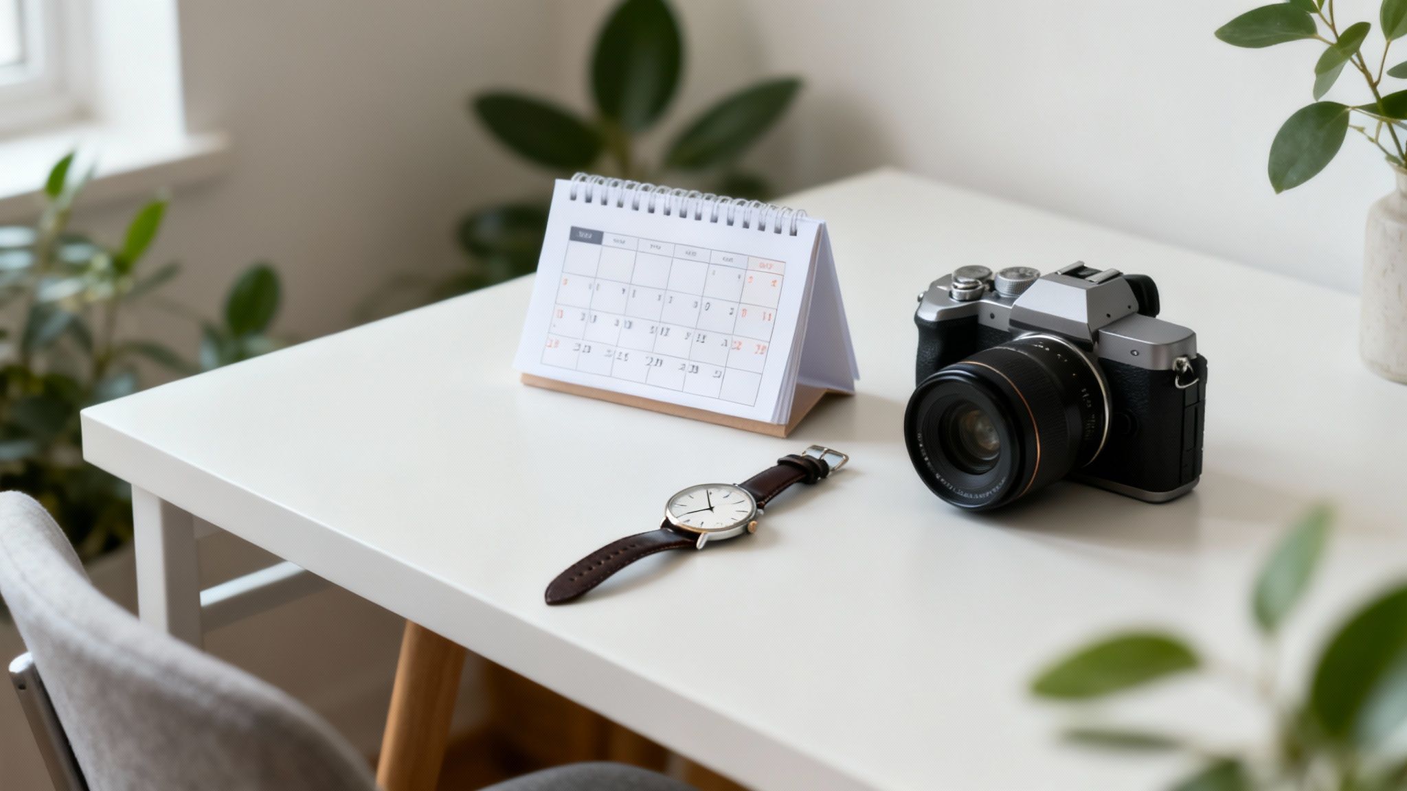 En vit skrivbordsyta med en silver- och svart kamera, en liten skrivbordskalender och ett brunt armbandsur.