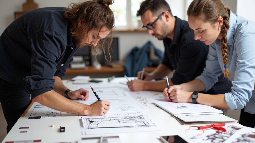 Team som planerar en reklamfilmsproduktion runt ett stort bord med dokument och en bärbar dator.