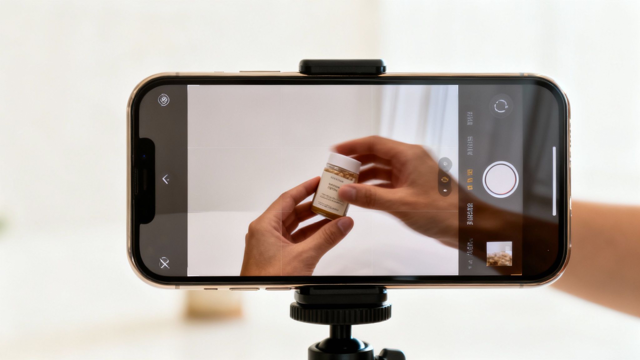 En iPhone på ett stativ filmar en person som håller en liten flaska med granulat i. Skärmen visar kameraappen.