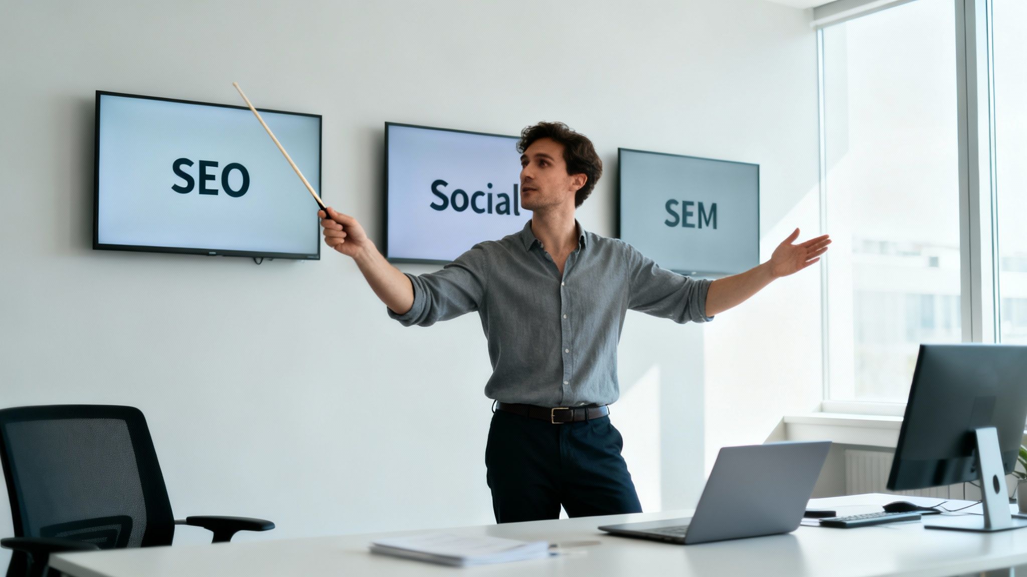 Man presenterar digital marknadsföring (SEO, Social, SEM) på skärmar i ett ljust kontor.