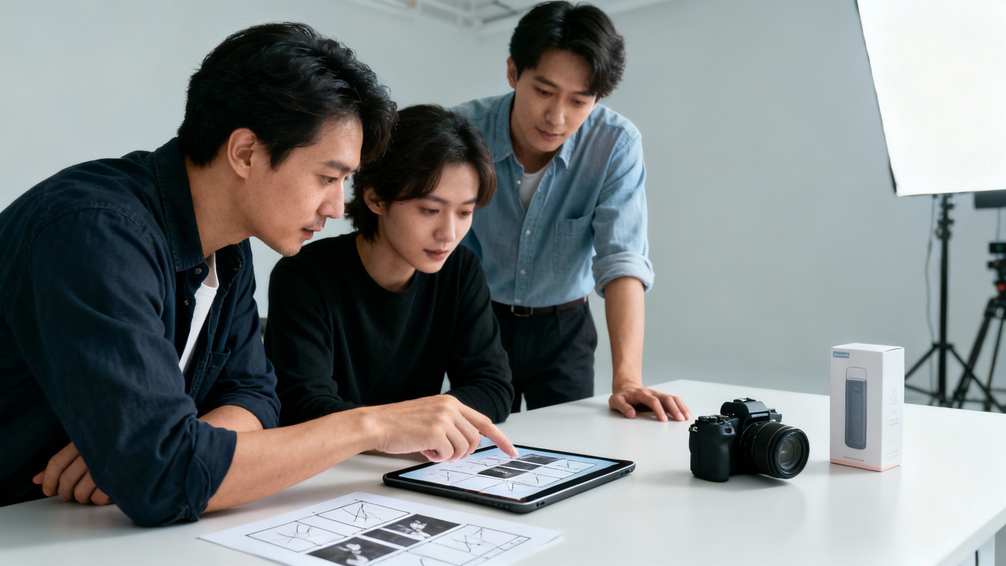 Tre män granskar bilder på en surfplatta under ett möte i en fotostudio.