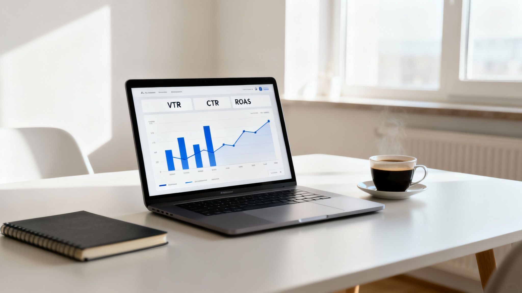 En laptop visar marknadsföringsdata (VTR, CTR, ROAS) med en kaffekopp och anteckningsbok på ett ljust skrivbord.