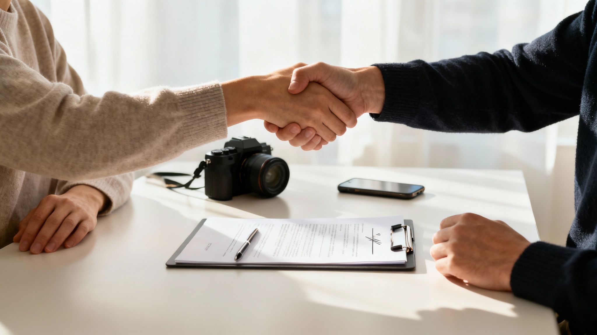 Två personer skakar hand över ett kontrakt med kamera och telefon på bordet