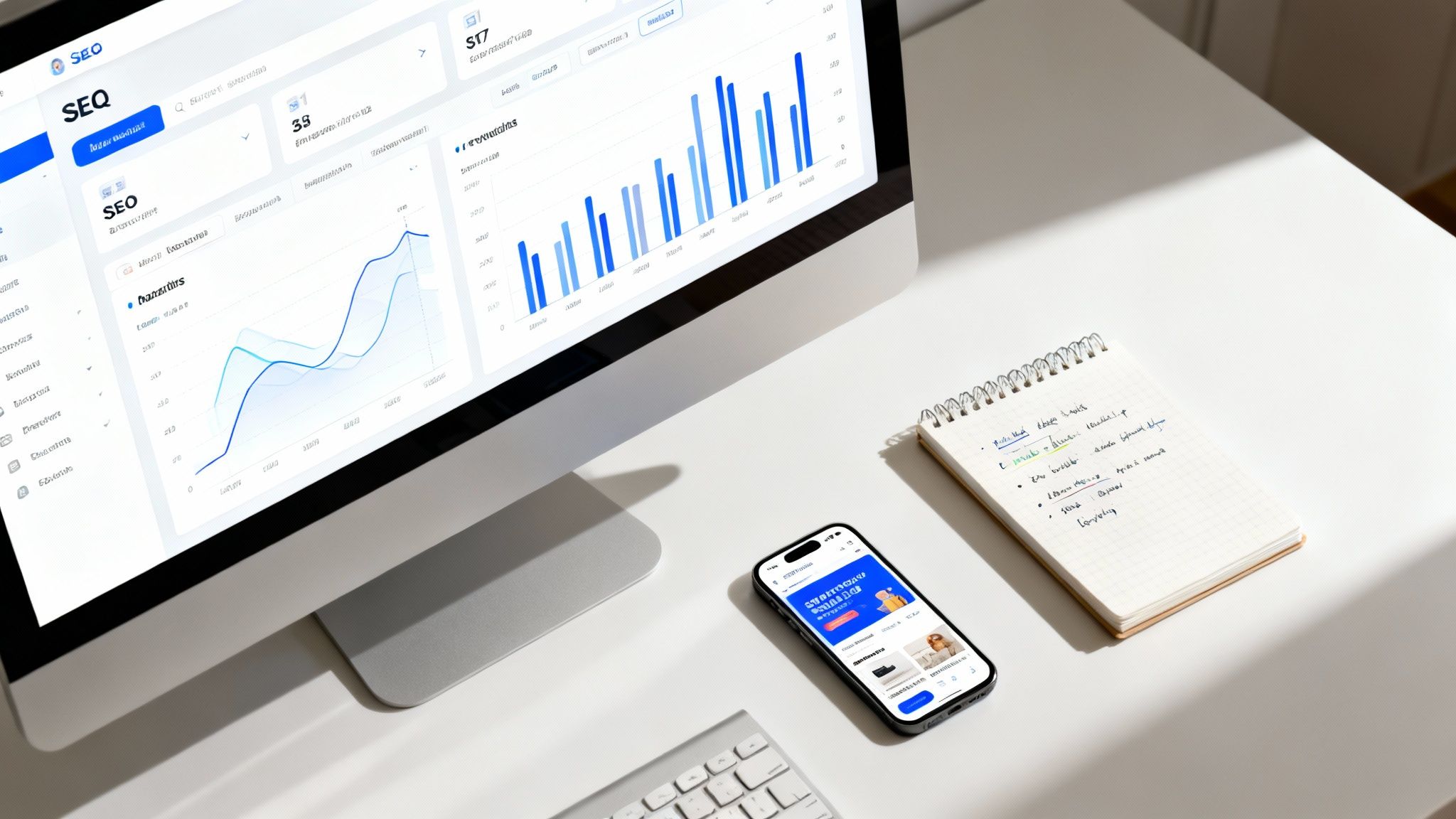 En vit arbetsplats med en datorskärm som visar grafer och data, en smartphone och en anteckningsbok.
