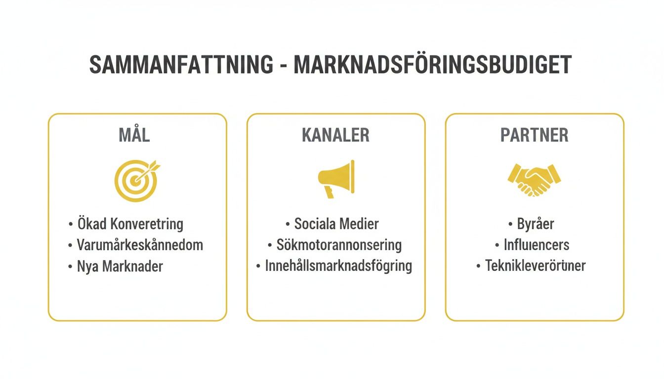 Sammanfattning av marknadsföringsbudget som visar mål, kanaler och partners för strategisk planering.