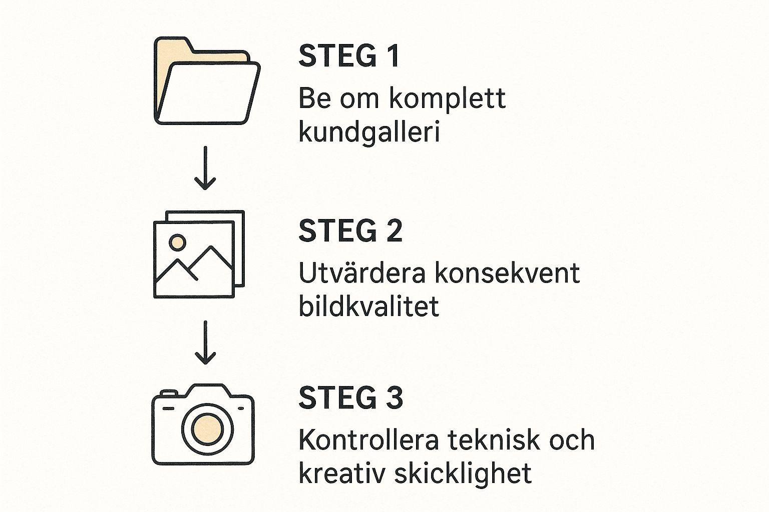 Infografik som visar processen för att granska en fotografs portfolio i tre steg.