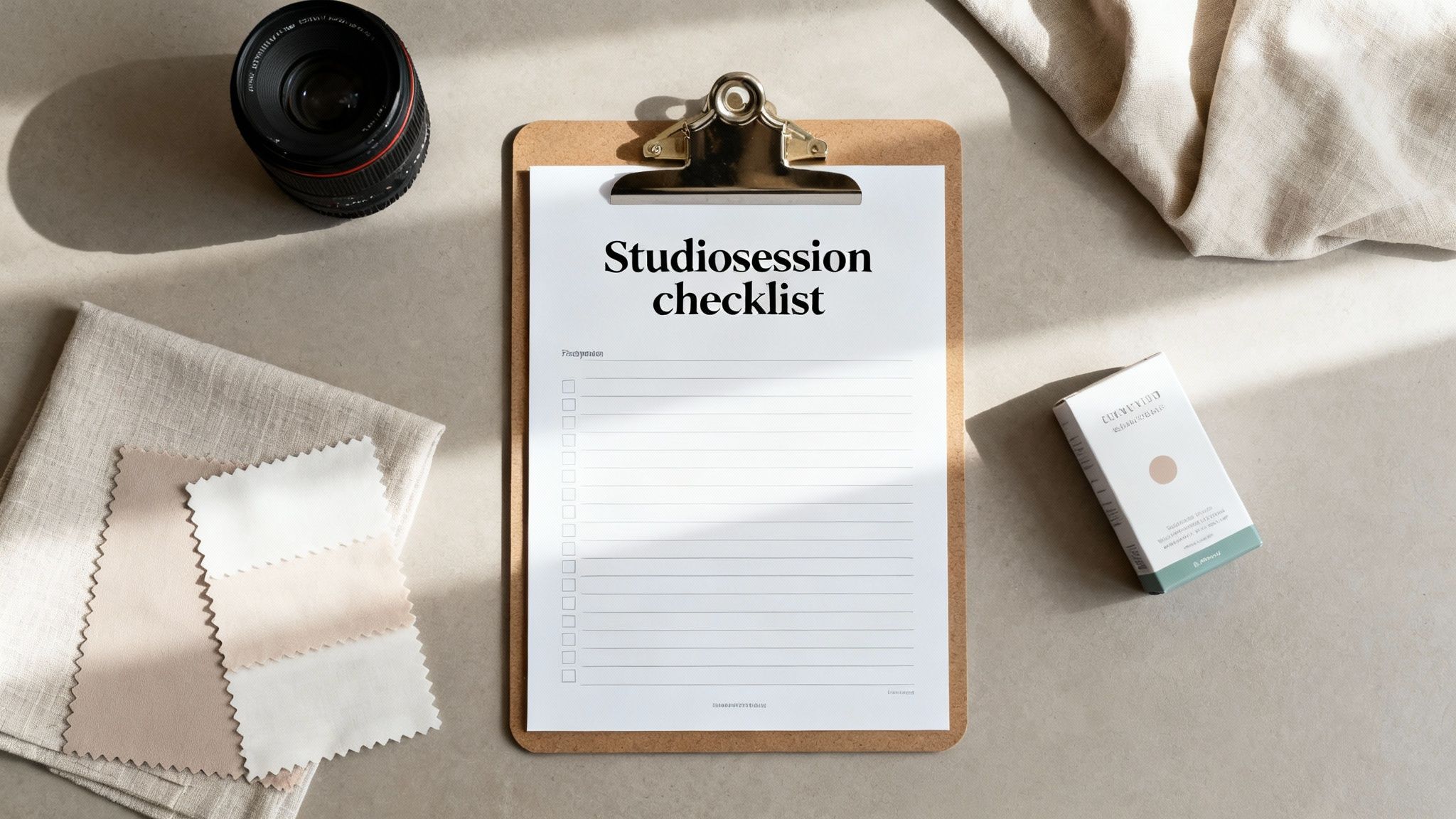 Checklista för fotostudio session på urklipp med kamera, tyg prover och visitkort på beige bakgrund