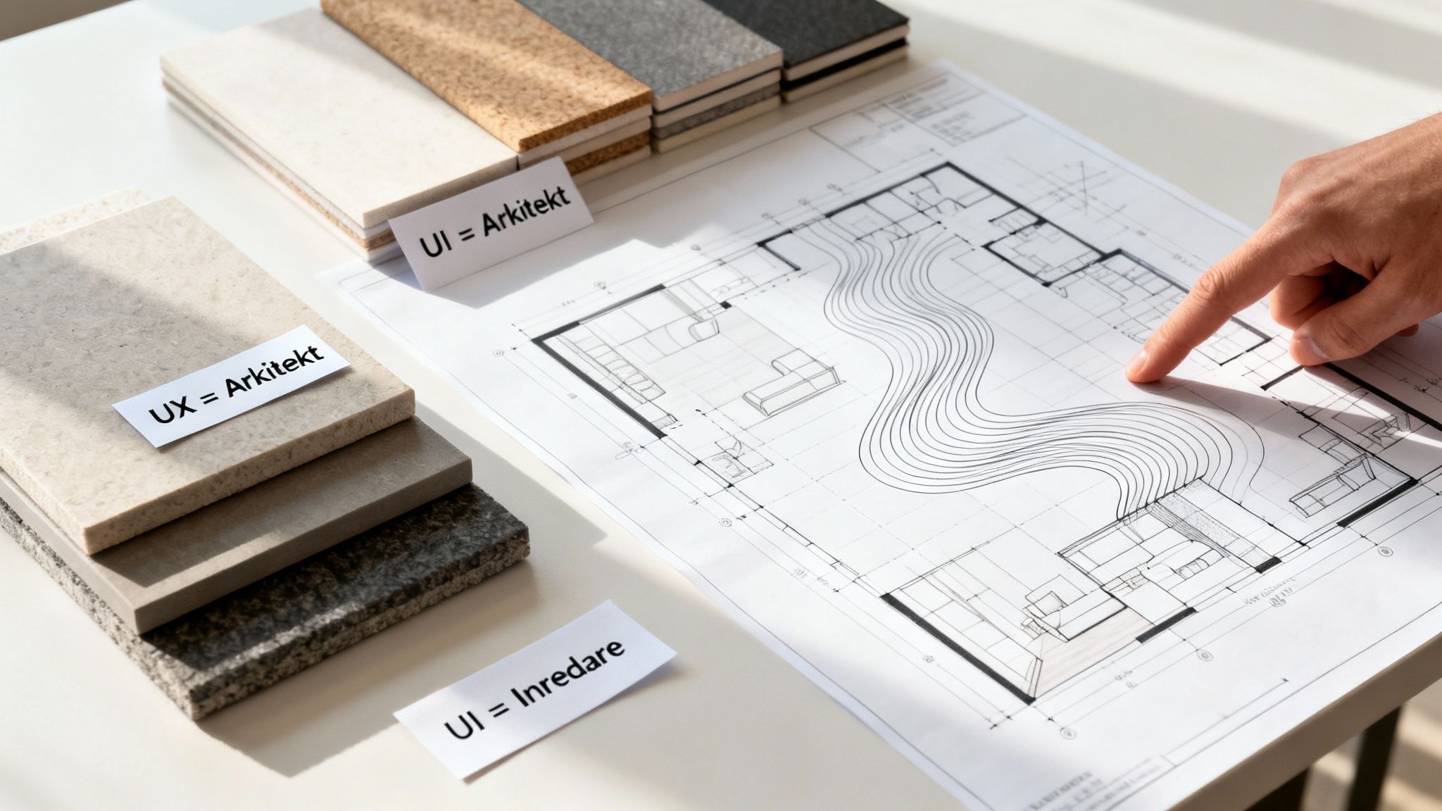 En hand pekar på en arkitektonisk ritning. Runt ritningen ligger materialprover och anteckningar som jämför UX/UI med arkitektur och inredning.