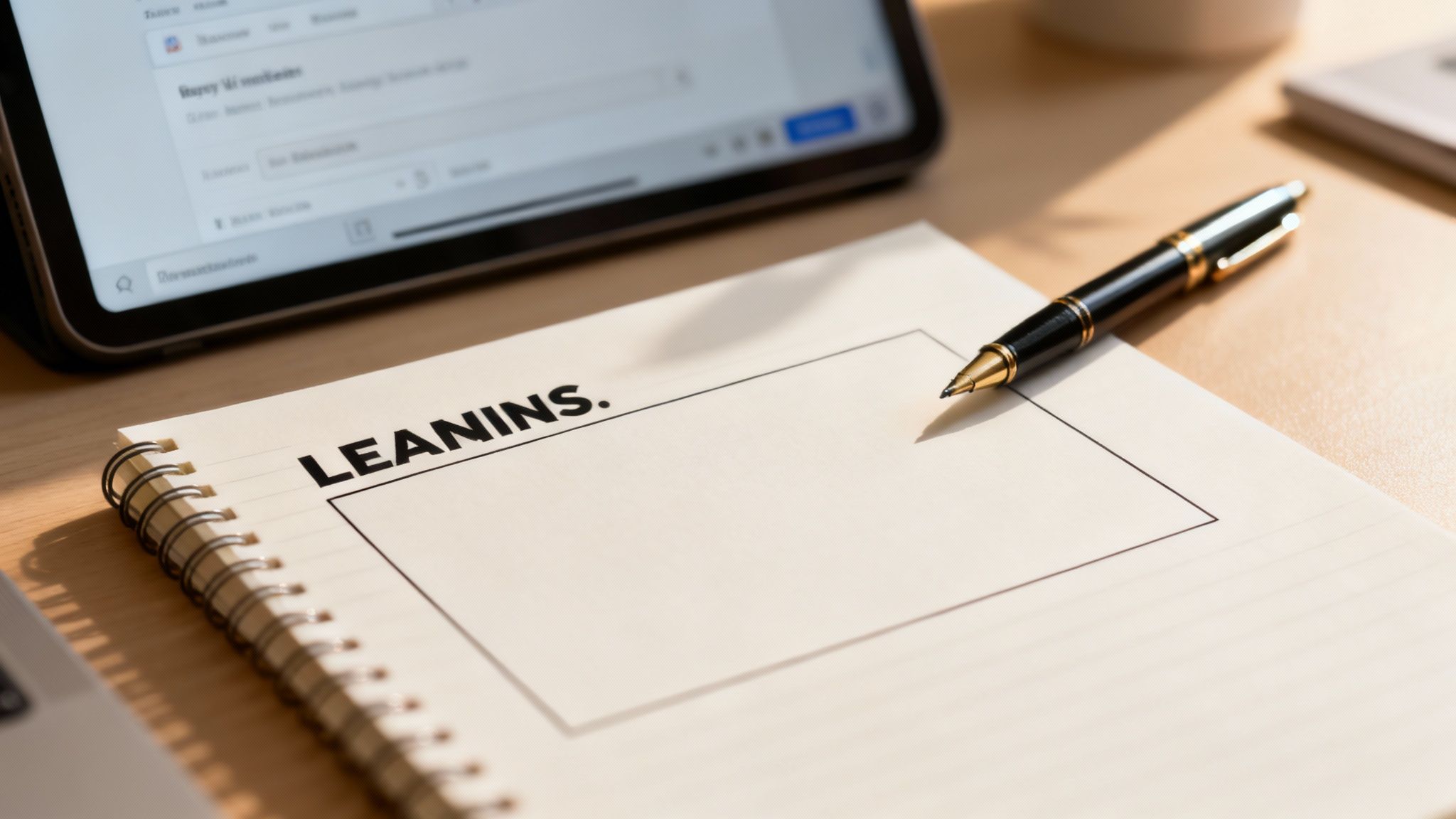 En spiralbunden anteckningsbok med texten "LEANINS.", en penna och en surfplatta på ett ljust skrivbord.
