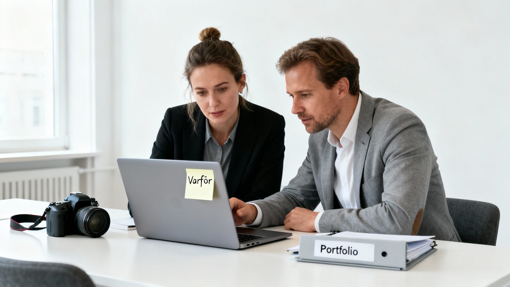 Två kollegor granskar en laptop med en 'Varför'-lapp. En kamera och pärm med 'Portfolio' syns på bordet.