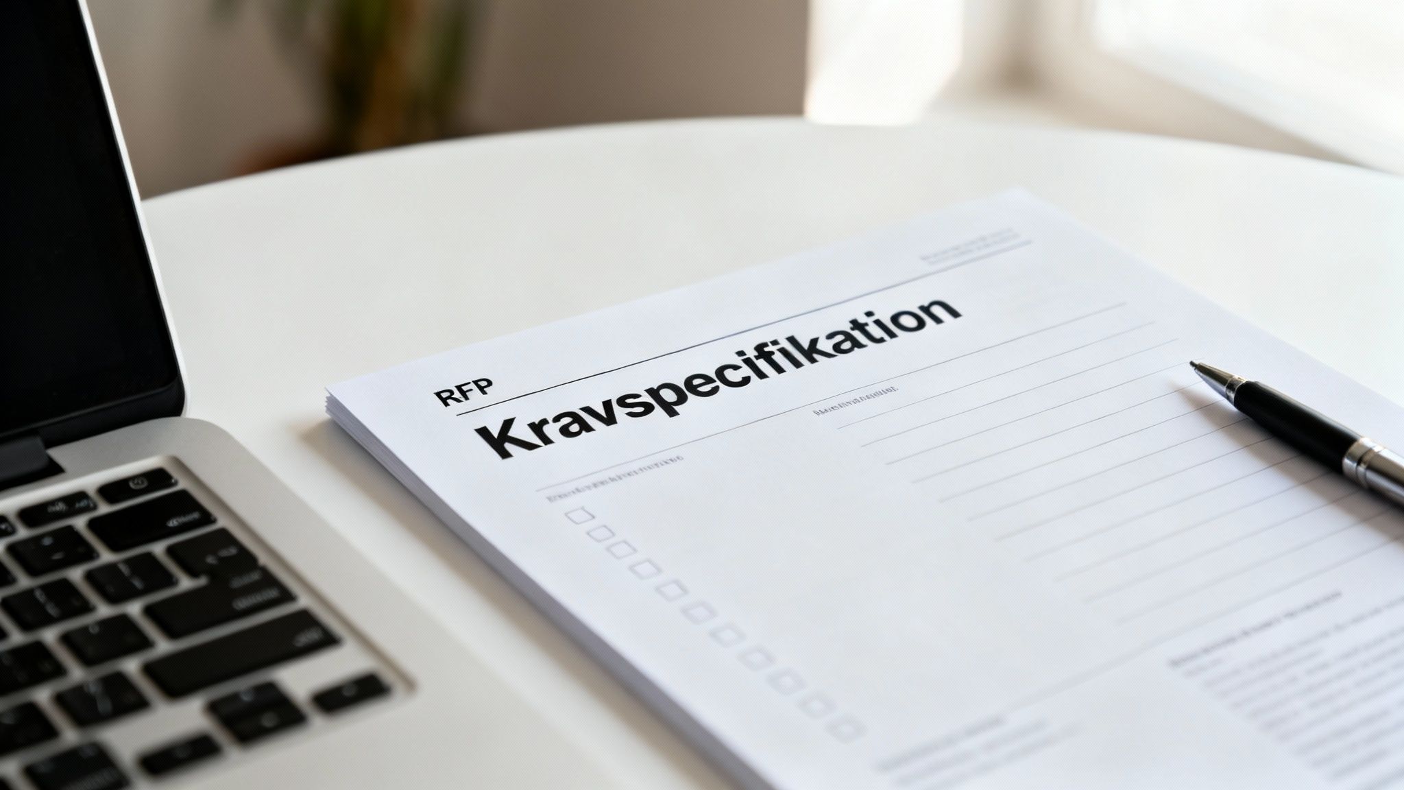 En vit kravspecifikation med texten 'RFP' och 'Kravspecifikation' ligger på ett vitt bord bredvid en laptop och en penna.