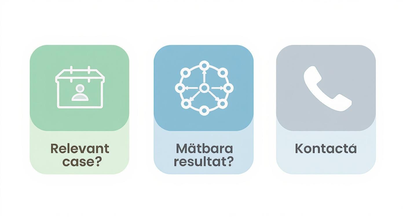 Tre ikoner som representerar affärsprocesser, mätbara resultat och kontakt inom en agents tjänster.