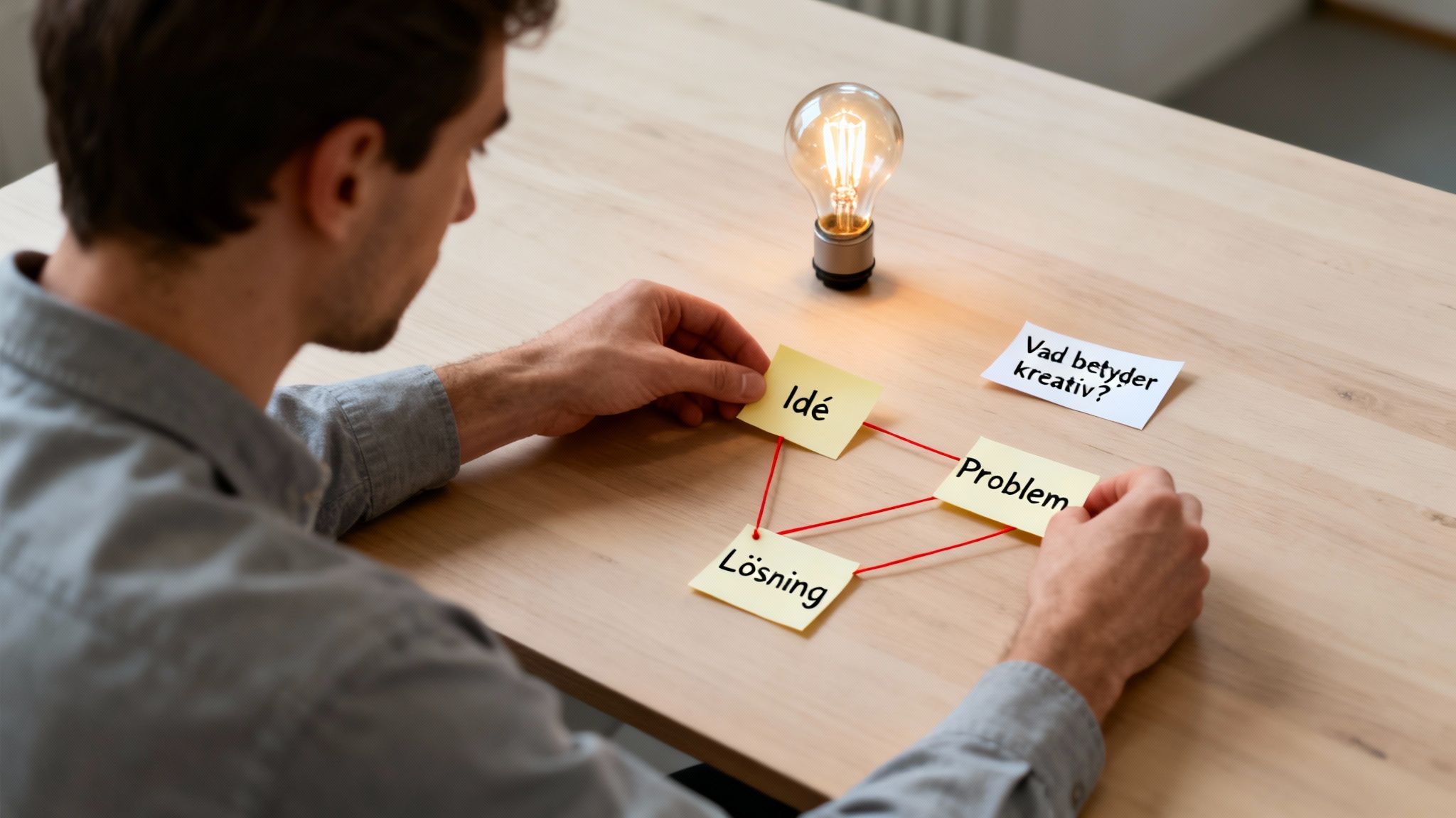 Man reflekterar över kreativa processer med post-it-lappar som visar Idé, Problem, Lösning och frågan 'Vad betyder kreativ?'.