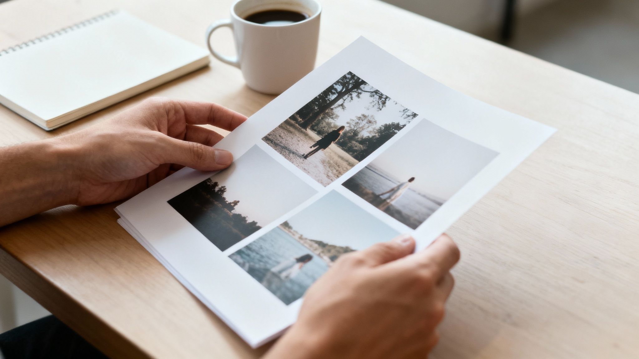 En person håller ett utskrivet ark med flera foton. En anteckningsbok och kaffekopp syns på ett träbord.