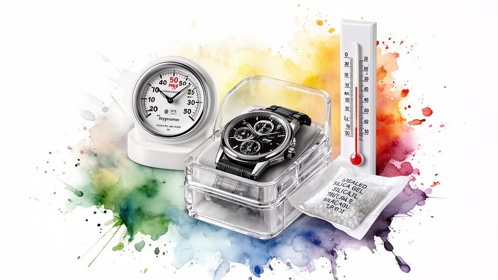 Chronograph watch in protective case, with hygrometer, thermometer, and silica gel for optimal storage.