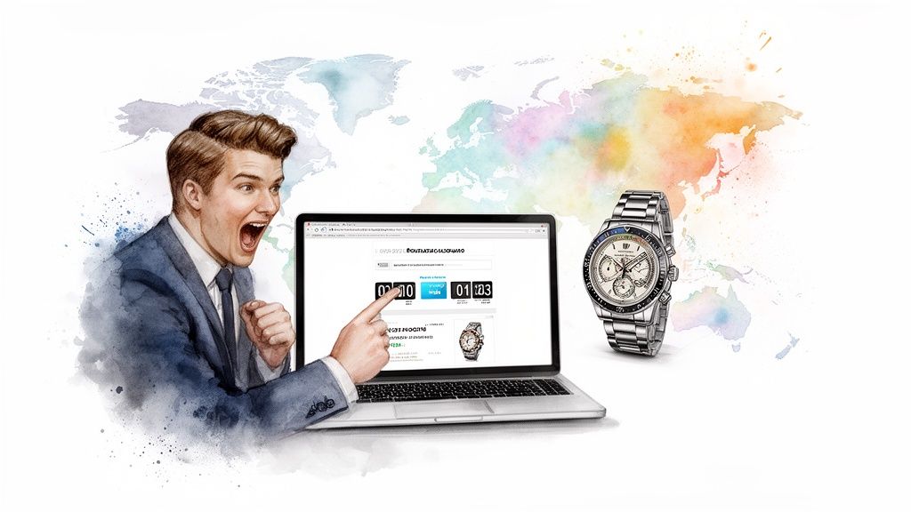 An excited man points at a laptop displaying an online watch auction with a luxury watch.
