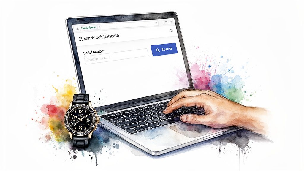 A hand types on a laptop searching a stolen watch database, with a luxury watch nearby.