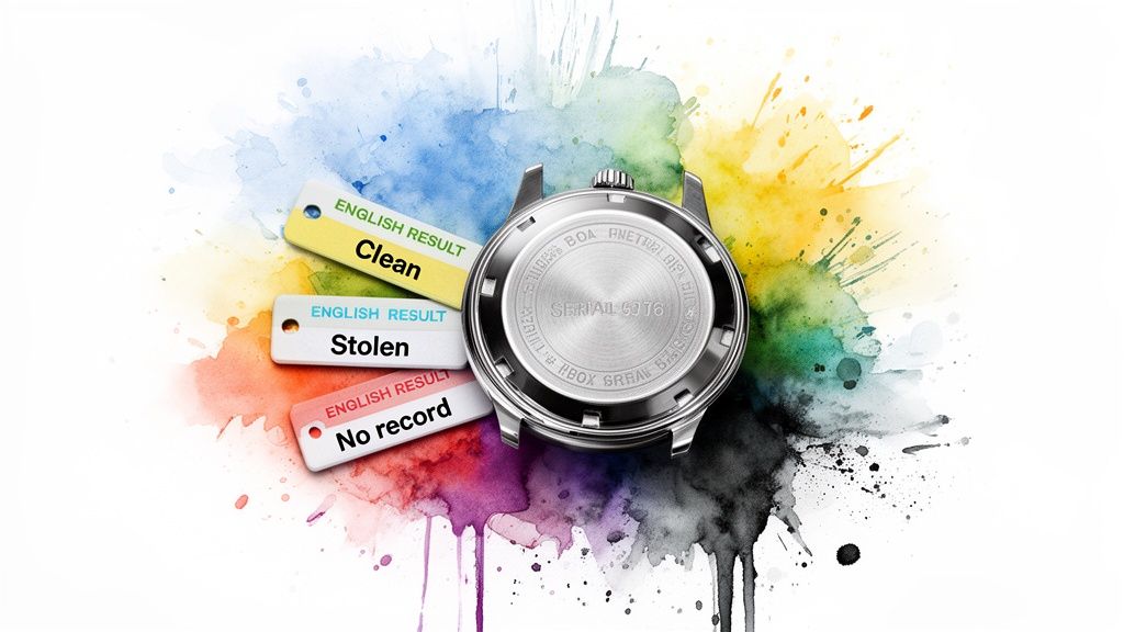 A watch back with serial number 6076 and three tags showing 'Clean', 'Stolen', 'No record' results.