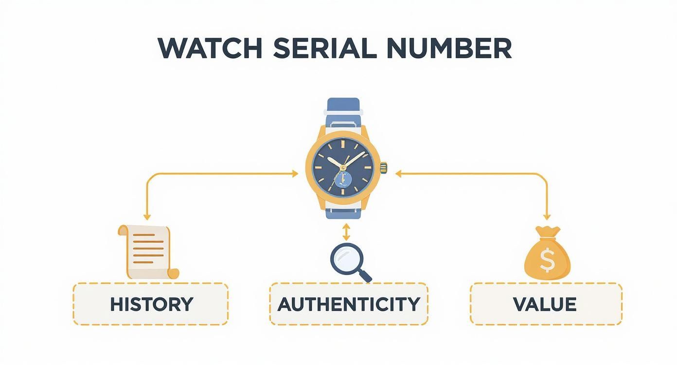 Infographic showing a watch serial number provides insights into its history, authenticity, and value.