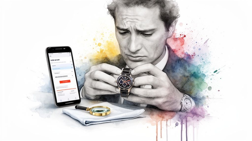 A man intently examines a watch with a magnifying glass, next to a smartphone displaying a serial number check.