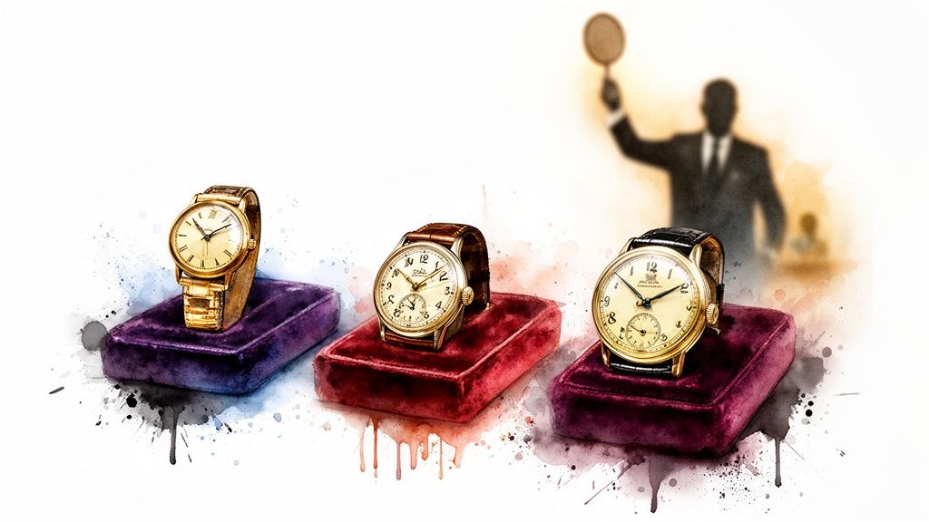 Three vintage gold watches displayed on velvet cushions at an auction with an auctioneer in the background.