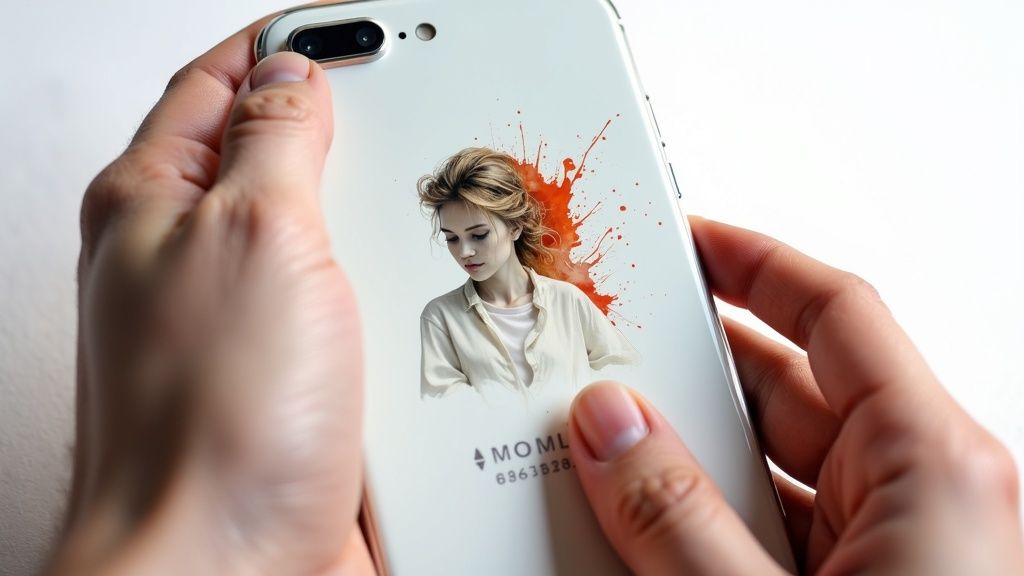 A person holds a white smartphone with a woman's portrait and a serial number on its back.