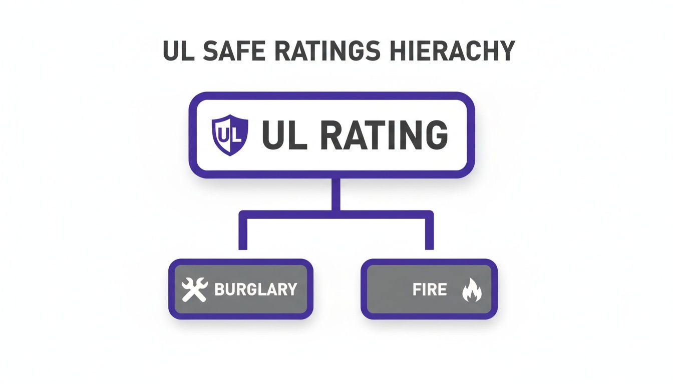 A visual hierarchy chart illustrating UL safe ratings, showing categories for burglary and fire protection.