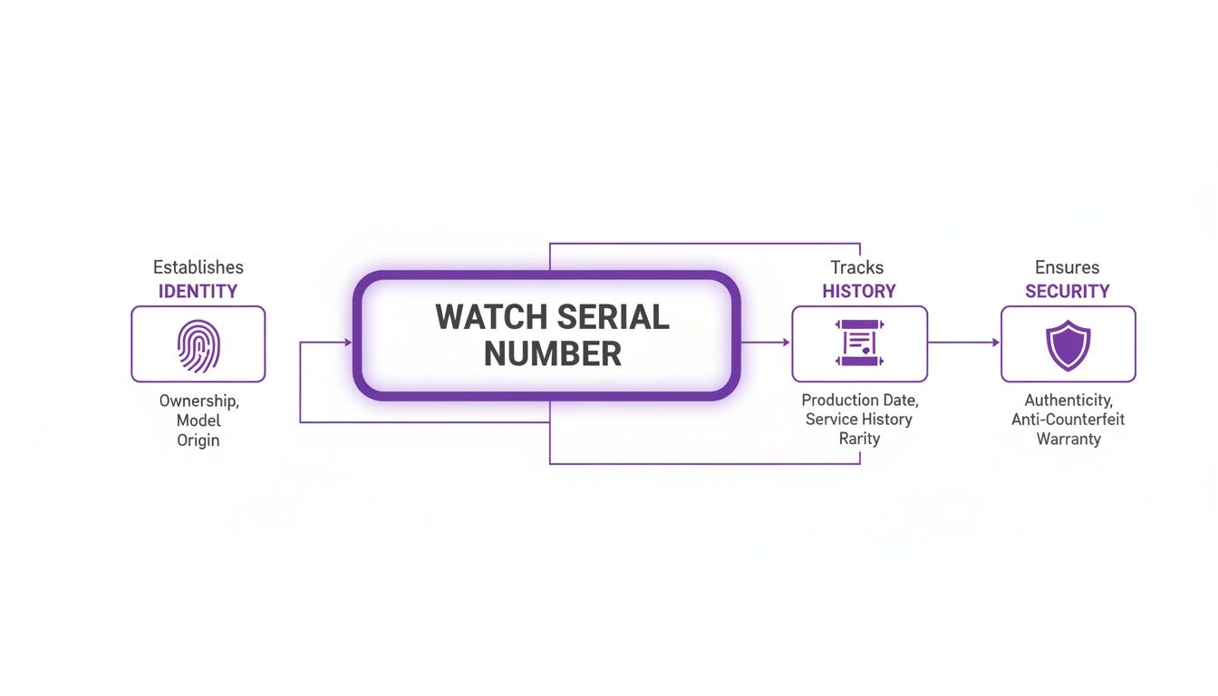 A diagram illustrating how a watch serial number establishes identity, tracks history, and ensures security.