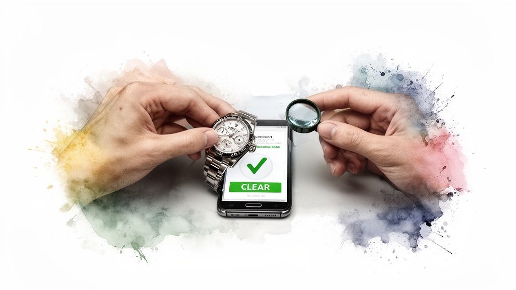 Hands verifying a Rolex watch with a smartphone and magnifying glass, showing 'CLEAR' status.
