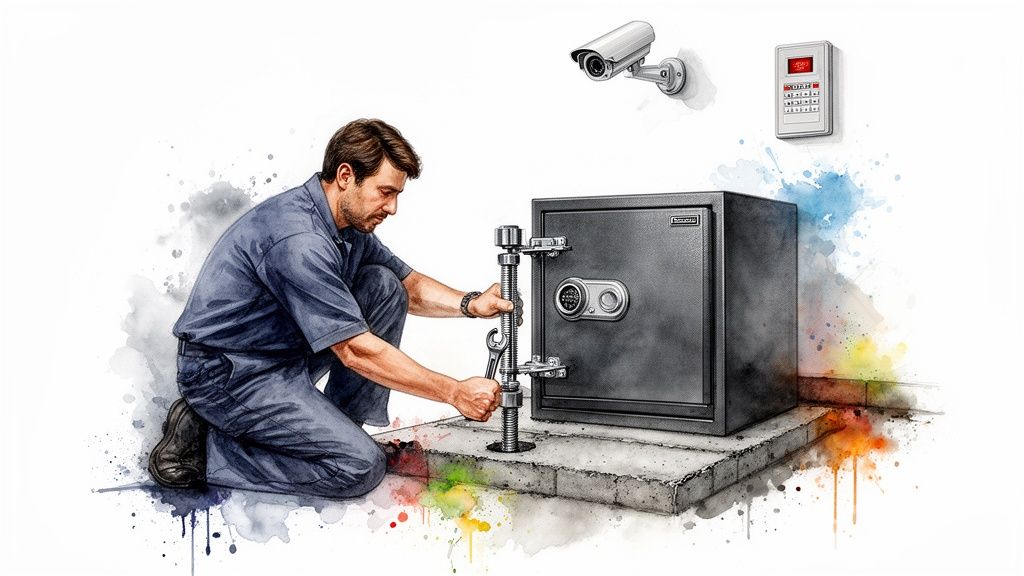 A technician in blue uniform secures a large safe to the floor with tools, watched by a security camera and keypad.