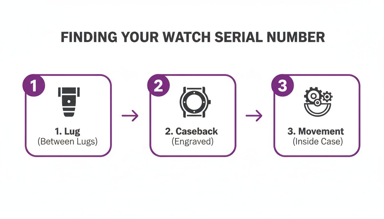 A step-by-step guide illustrating three places to find a watch serial number.