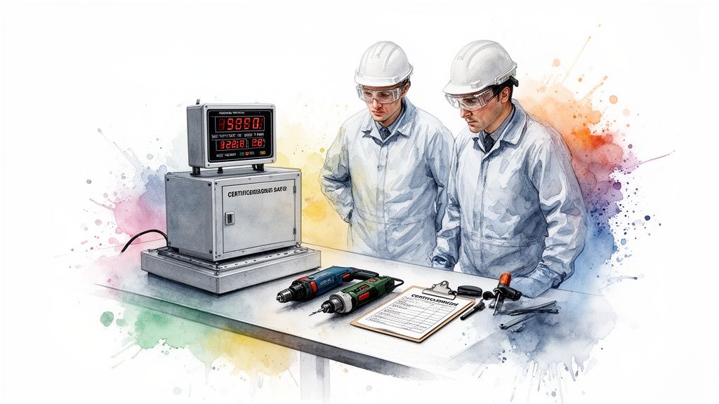 Two engineers in hard hats and safety glasses examine equipment and tools in a watercolor illustration.