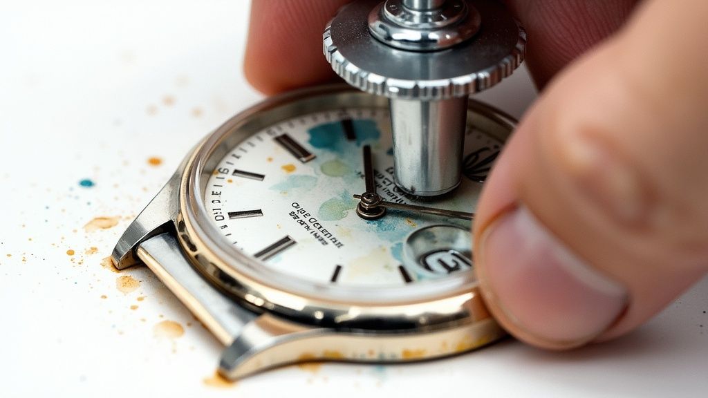 Close-up of watchmaker hands using precision tool to service luxury watch movement and dial