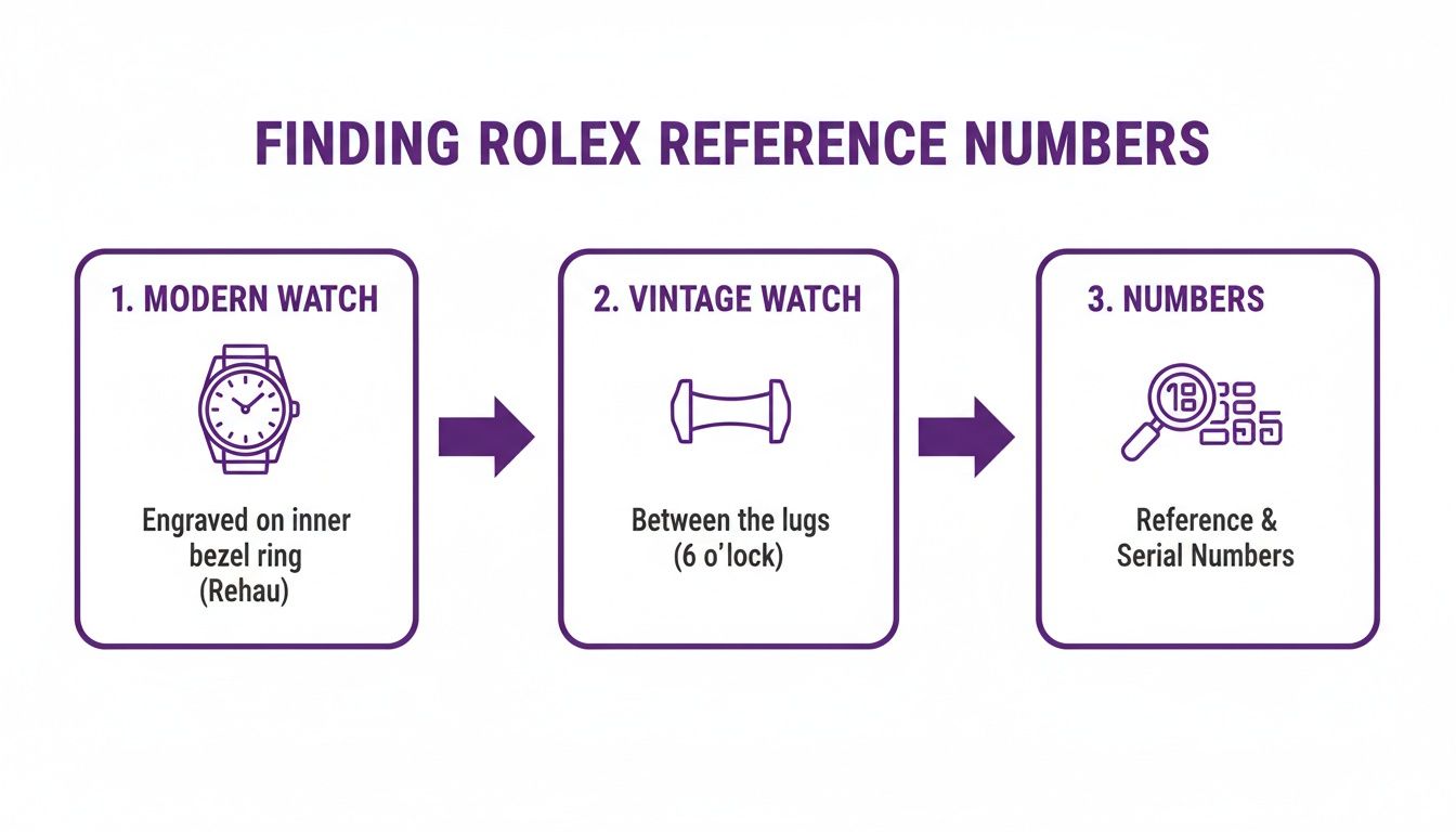 Flowchart showing how to find Rolex reference and serial numbers on modern and vintage watches.