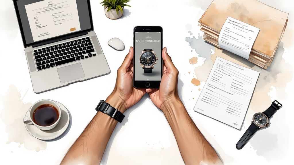 Top-down view of hands holding a smartphone displaying a watch, with a laptop and work items.