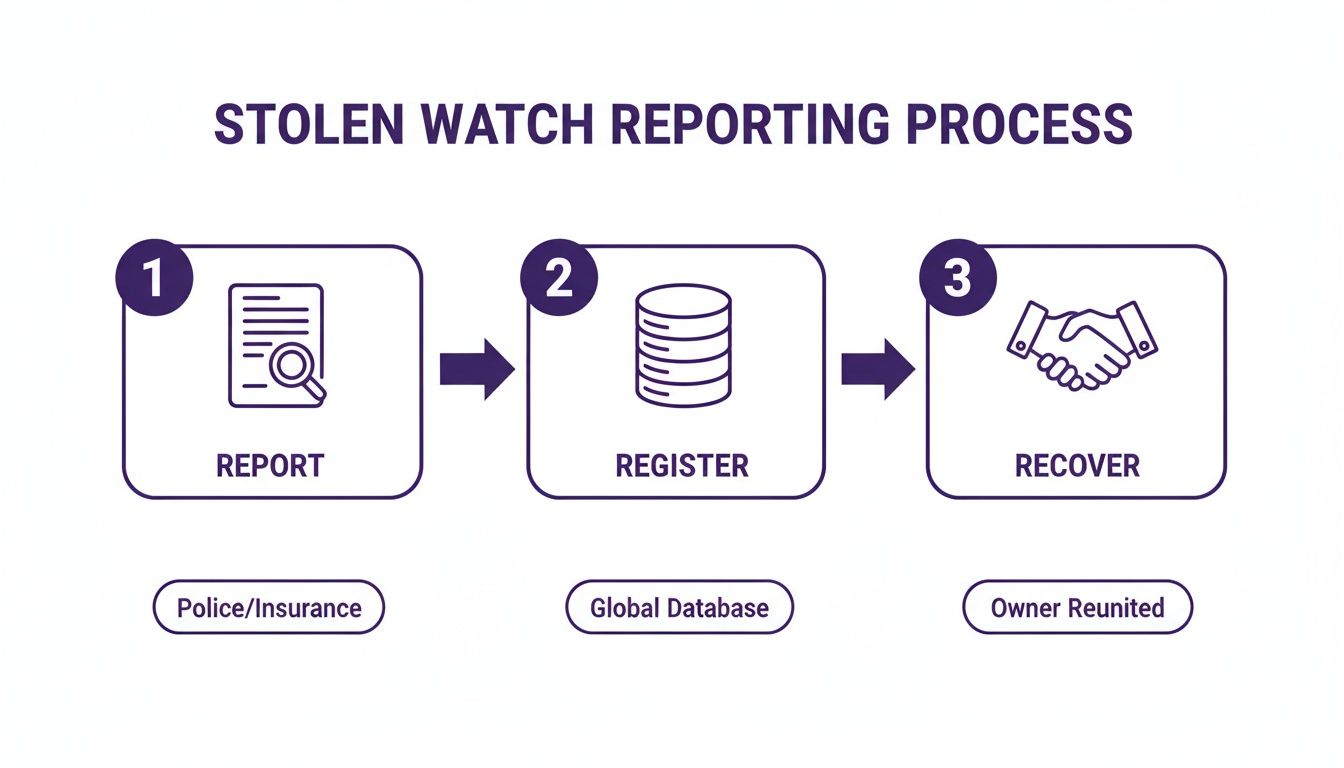 Infographic detailing the stolen watch reporting process: Report, Register, and Recover.