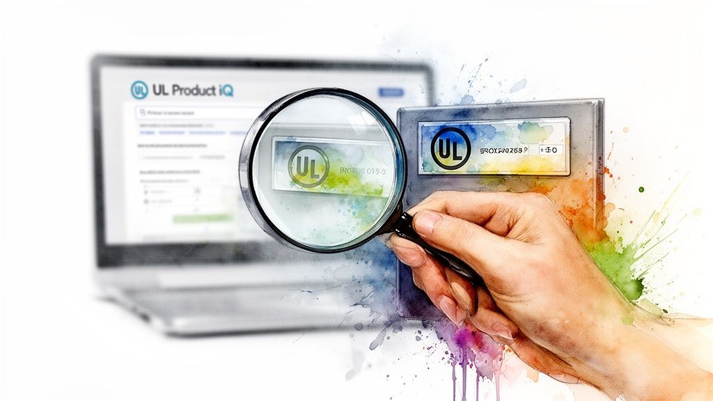 Verifying a UL product rating with a magnifying glass on a physical label and digital search.