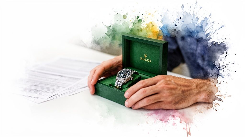 Hands opening a green Rolex box to reveal a luxurious silver and black watch, with colorful watercolor splashes.