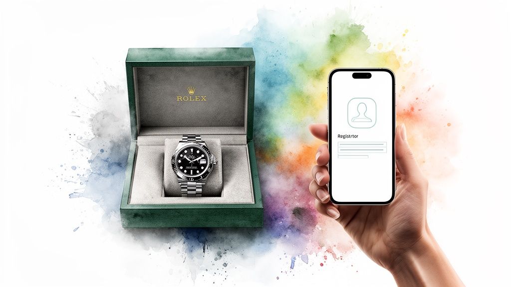 A Rolex watch in its green box next to a hand holding a smartphone for registration.