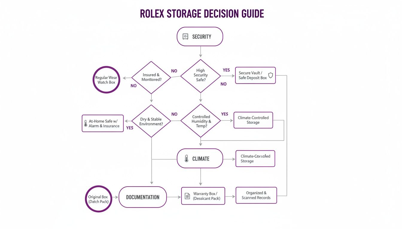 Flowchart outlining the Rolex storage decision guide, covering security, climate, and documentation aspects.