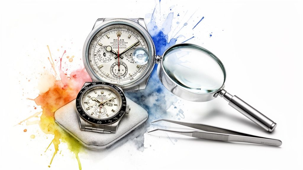 Two luxury Rolex watches, a magnifying glass, and precision tweezers on a white watercolor background.