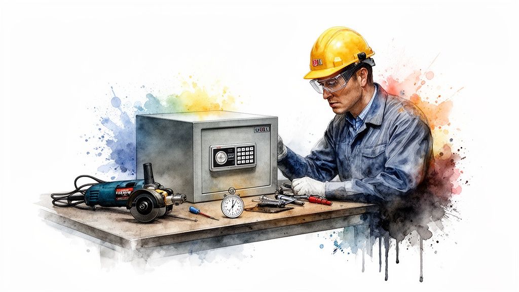 A technician in a hard hat and safety glasses works on repairing a safe with tools.
