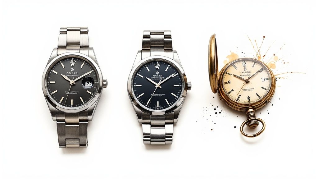 Three luxury Rolex watches displayed on white background, two steel wristwatches and one gold pocket watch