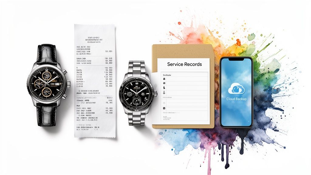 Two luxury watches, a receipt, service records, and a cloud backup phone against a colorful splash.