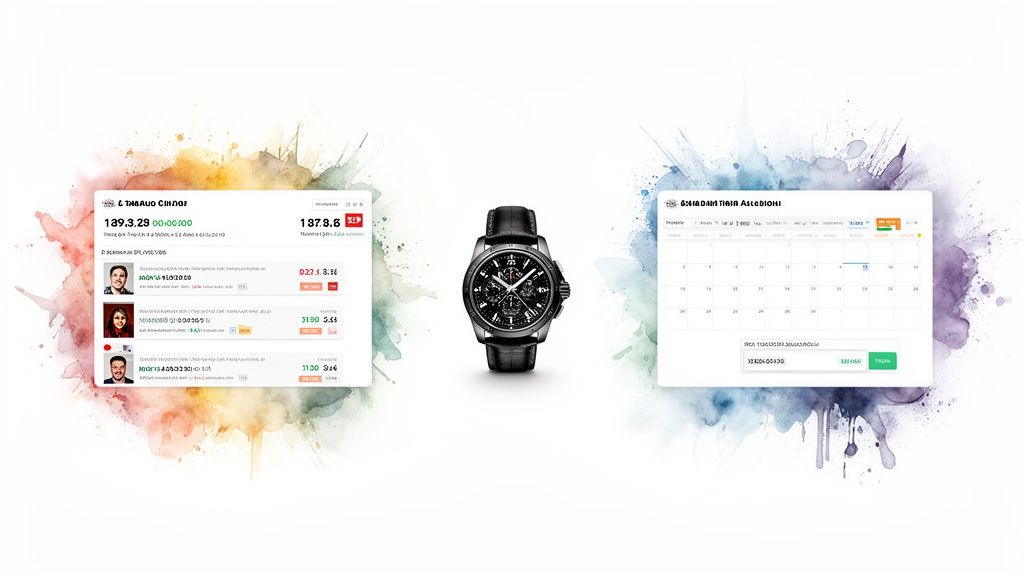 Luxury black chronograph watch between digital interfaces showing an auction and a calendar.