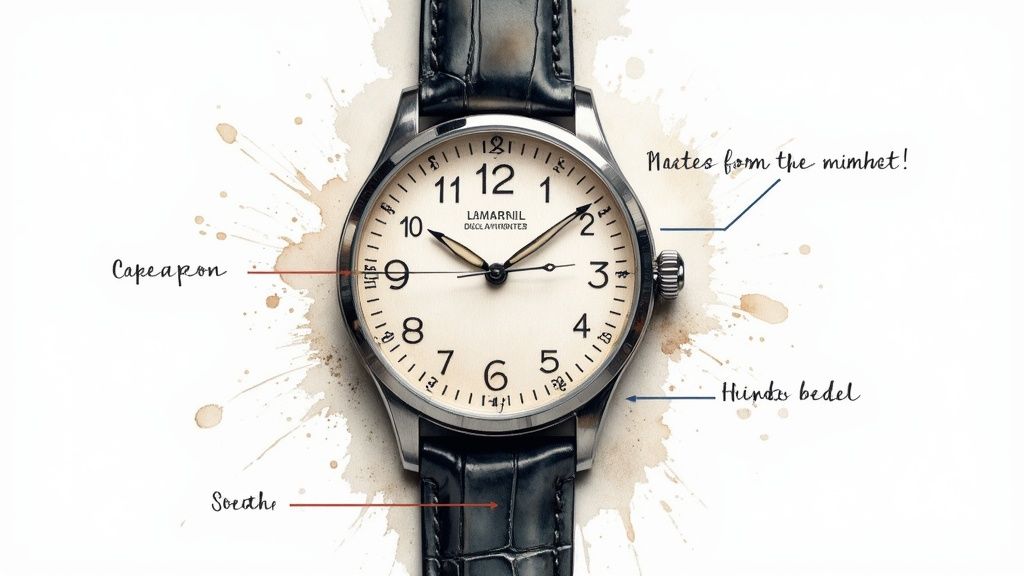 Elegant wristwatch with a cream dial and dark leather strap, set against a white background with brown splatters.
