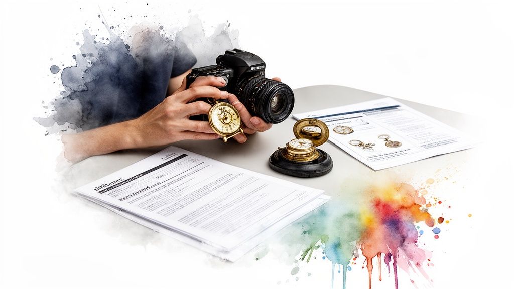 Person holding a camera to photograph antique gold pocket watches and documents on a table.