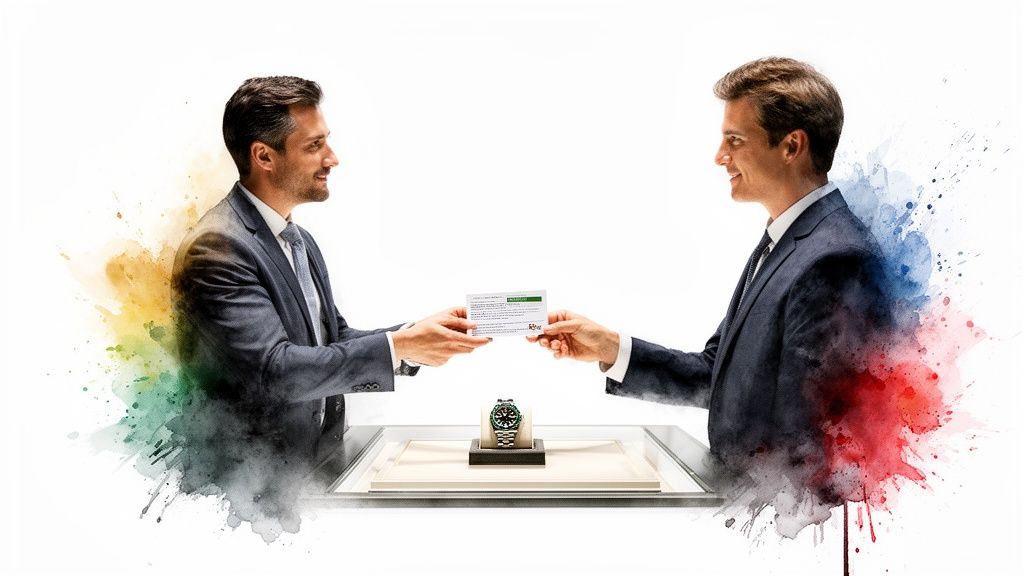 Two smiling men in suits exchange a warranty card over a green Rolex watch in a display.