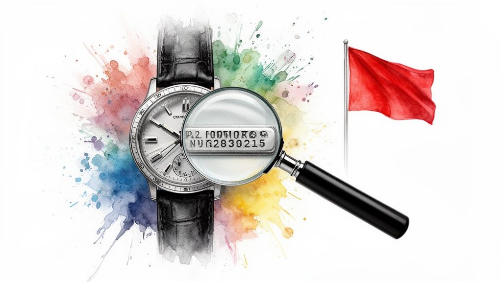 A watch with a magnifying glass highlighting its serial number, alongside a red flag, symbolizing verification.