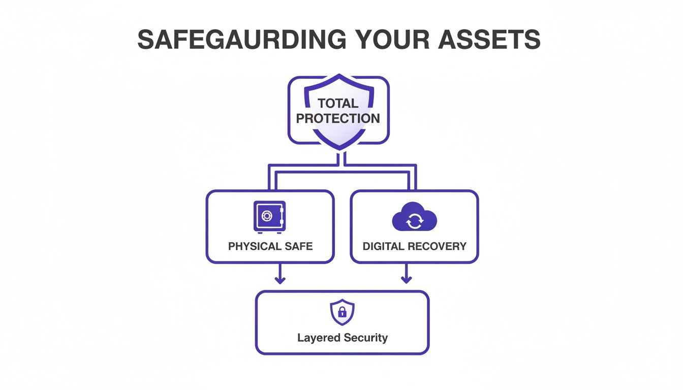 A flowchart illustrating total asset protection through physical safe and digital recovery, resulting in layered security.